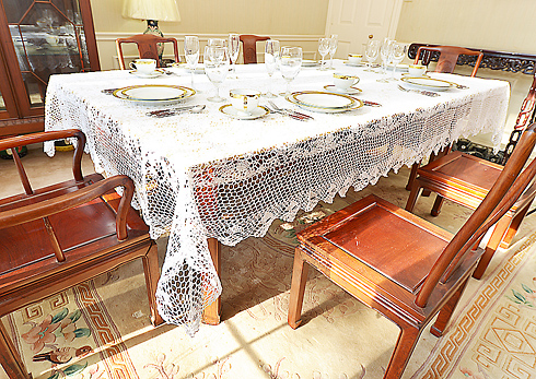 Extra Long Crochet Tablecloth. 70" x 156". White color.